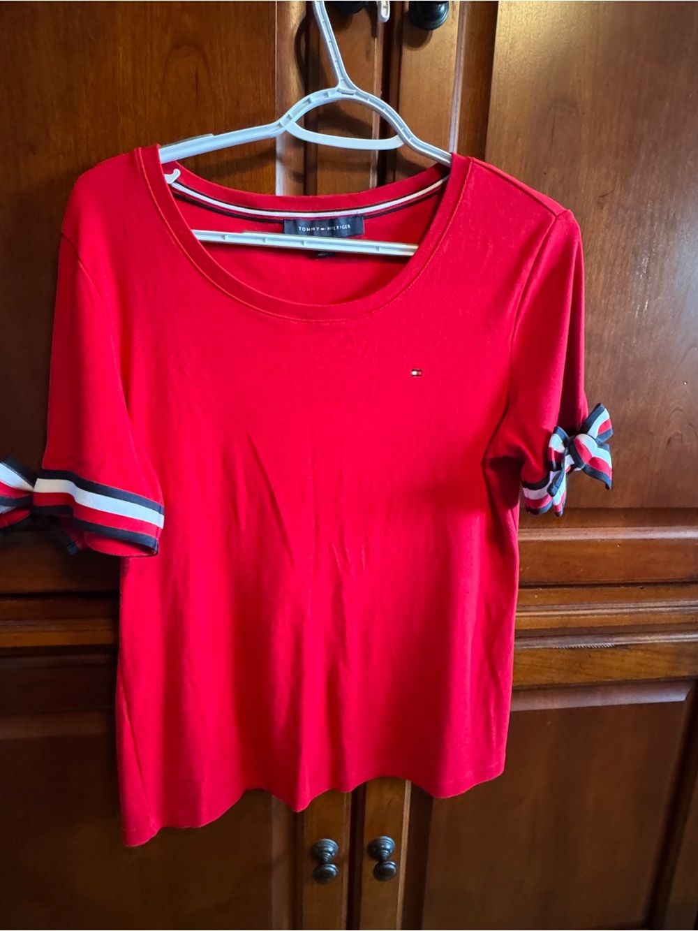Tommy Hilfiger Red Short-Sleeve Tee with Striped Tie Sleeves